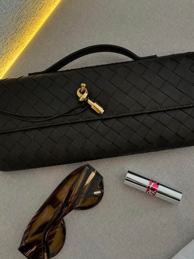 Woven Vegan Leather Baguette Bag – Bianca Gold-Tone Toggle — Black, tabletop view | BTendance