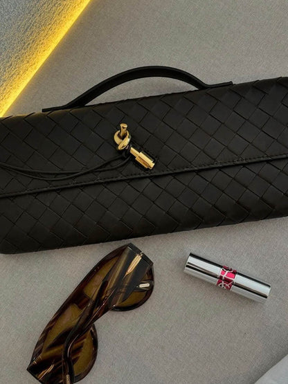 Woven Vegan Leather Baguette Bag – Bianca Gold-Tone Toggle — Black, tabletop view | BTendance