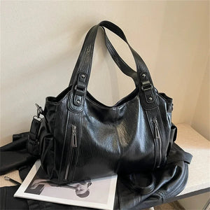 Vegan Leather Shoulder Bag – Kyla with Zip Pocket — Black, front view with straps | BTendance