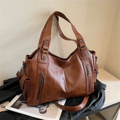 Vegan Leather Shoulder Bag – Kyla with Zip Pocket — Brown, front view with straps | BTendance