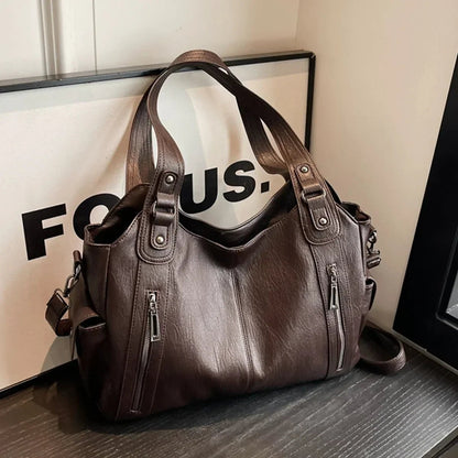 Vegan Leather Shoulder Bag – Kyla with Zip Pocket — Dark Brown, front view | BTendance