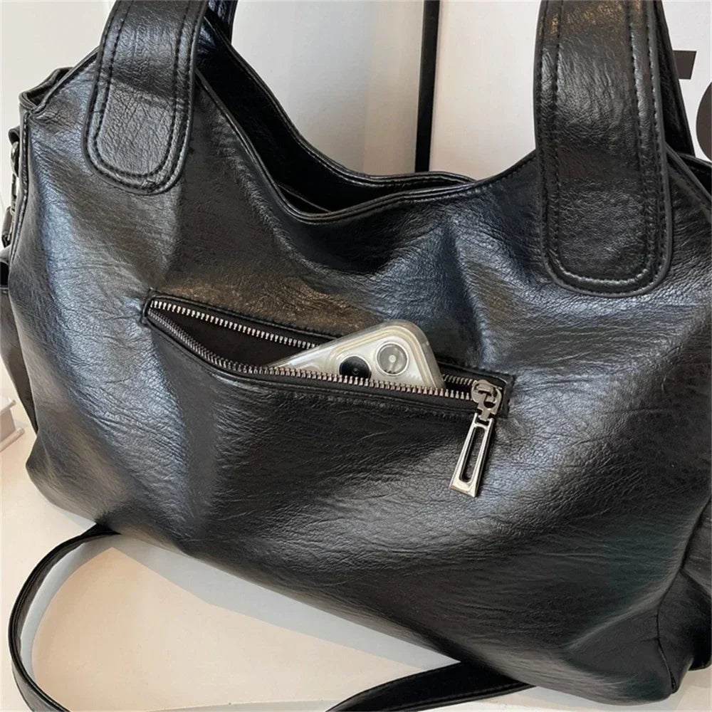 Vegan Leather Shoulder Bag – Kyla with Zip Pocket — Black, exterior zip pocket detail | BTendance