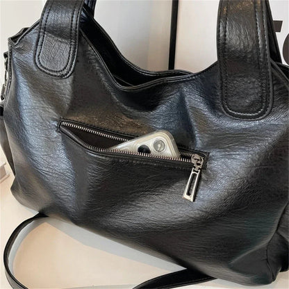 Vegan Leather Shoulder Bag – Kyla with Zip Pocket — Black, exterior zip pocket detail | BTendance