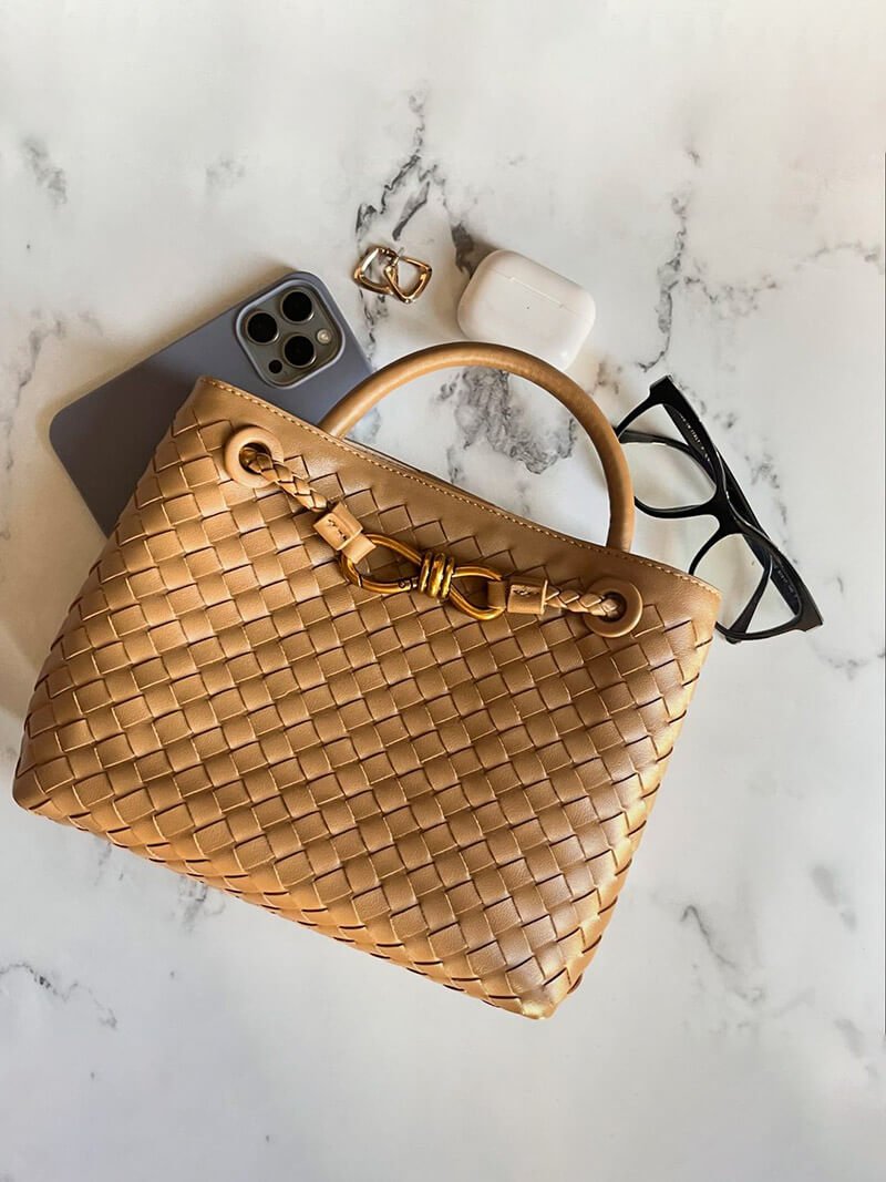 Woven Vegan Leather Handbag – Lucia Top Handle — Brown, overhead styling | BTendance