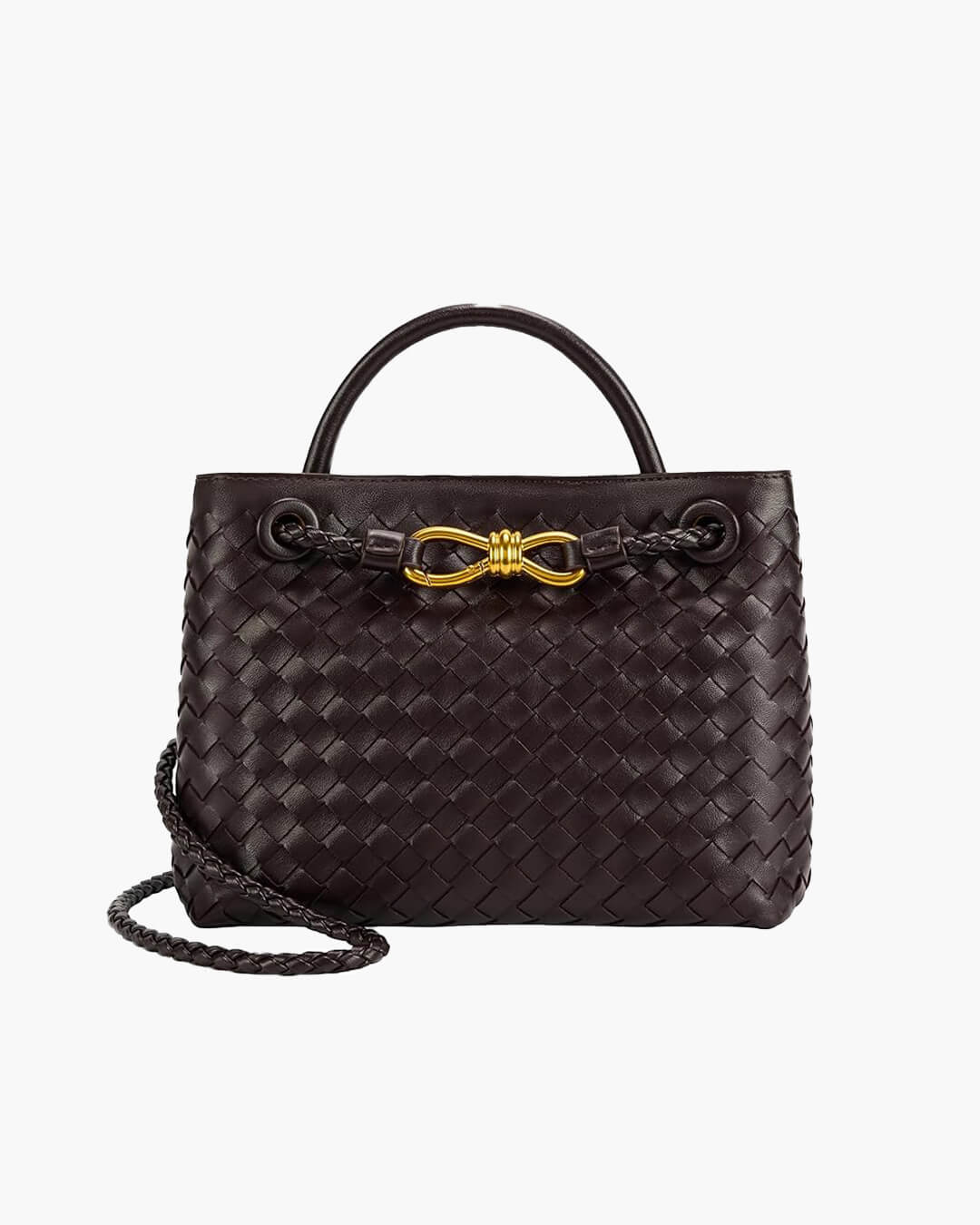 Woven Vegan Leather Handbag – Lucia Top Handle — Coffee, front with strap | BTendance
