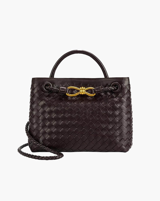 Woven Vegan Leather Handbag – Lucia Top Handle — Coffee, front with strap | BTendance