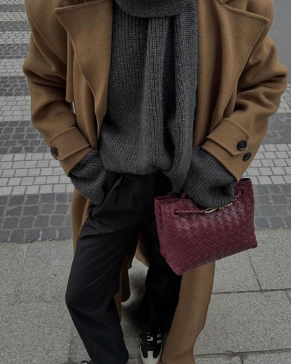 Woven Vegan Leather Handbag – Lucia Top Handle — Burgundy, hand carrying | BTendance