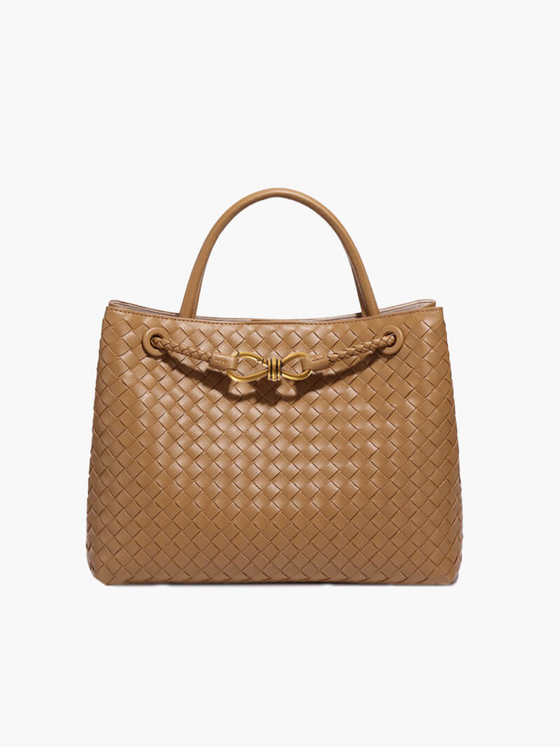Woven Vegan Leather Handbag – Lucia Top Handle — Brown, front view | BTendance