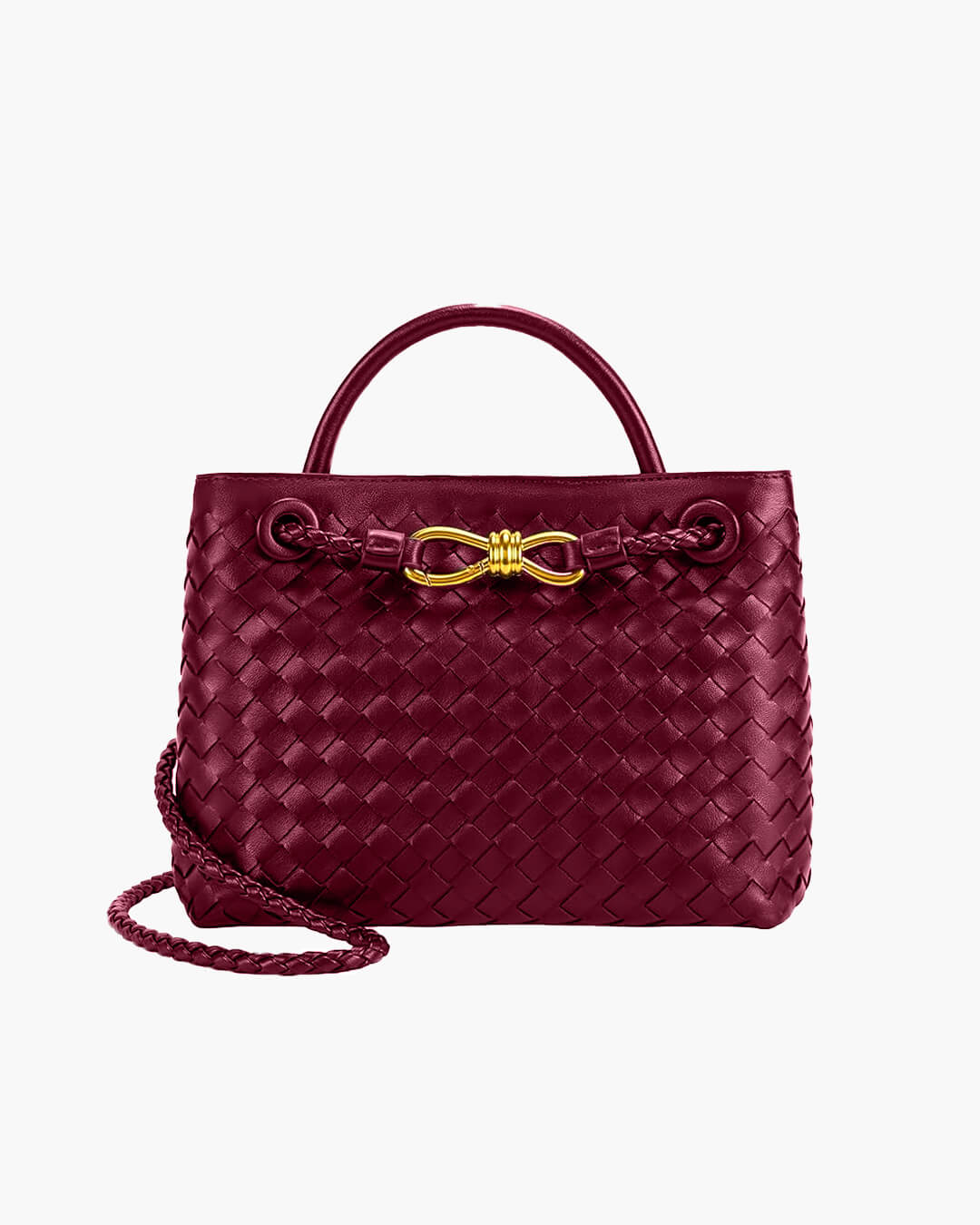 Woven Vegan Leather Handbag – Lucia Top Handle — Burgundy, front with strap | BTendance