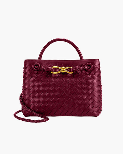 Woven Vegan Leather Handbag – Lucia Top Handle — Burgundy, front with strap | BTendance