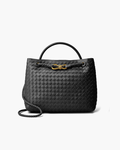 Woven Vegan Leather Handbag – Lucia Top Handle — Black, front with strap | BTendance