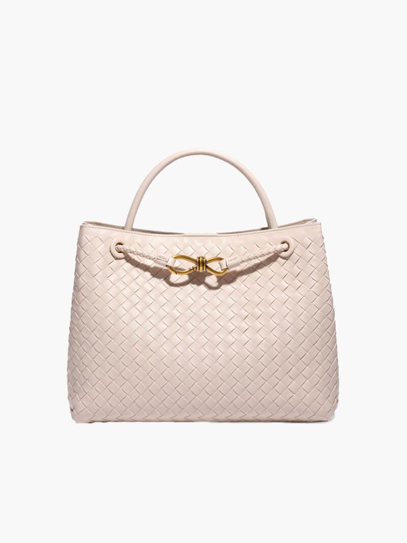 Woven Vegan Leather Handbag – Lucia Top Handle — Creme, front view | BTendance