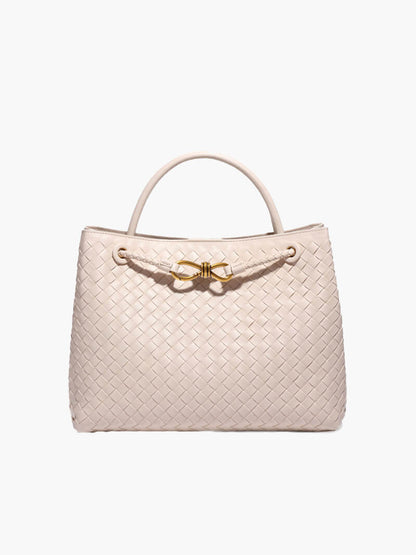 Woven Vegan Leather Handbag – Lucia Top Handle — Creme, front view | BTendance