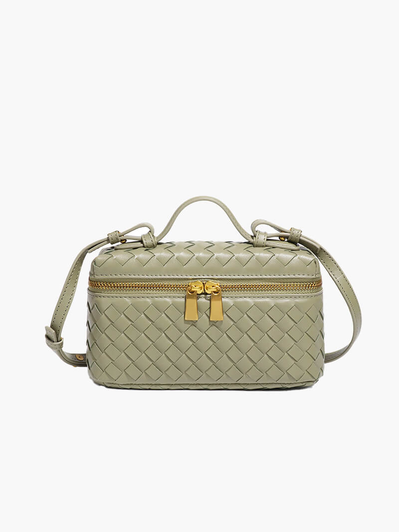 Woven Vegan Leather Mini Bag – Tara Top Handle — Olive Green, front view | BTendance