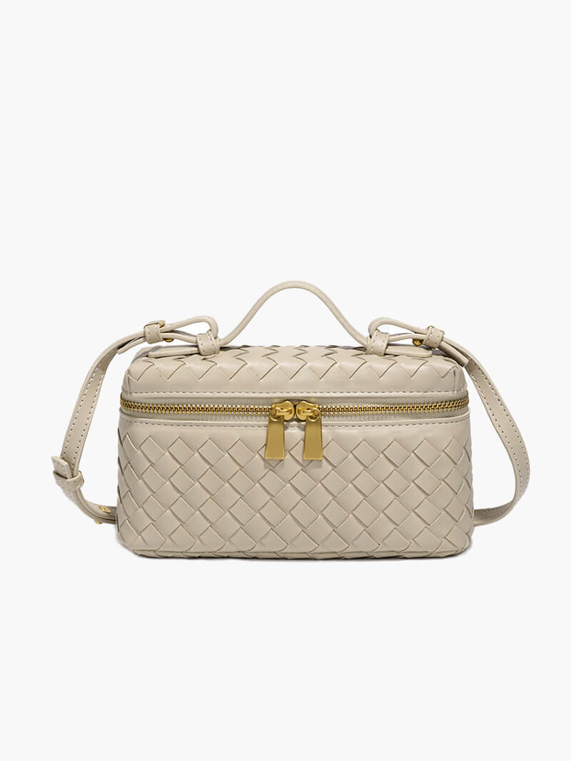 Woven Vegan Leather Mini Bag – Tara Top Handle — Beige, front view | BTendance