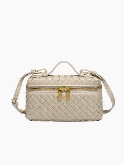 Woven Vegan Leather Mini Bag – Tara Top Handle — Beige, front view | BTendance