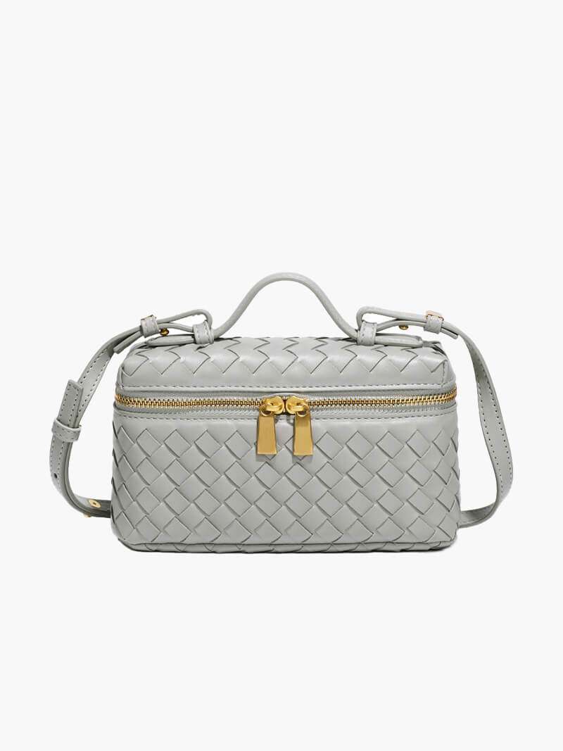 Woven Vegan Leather Mini Bag – Tara Top Handle — Gray, front view | BTendance