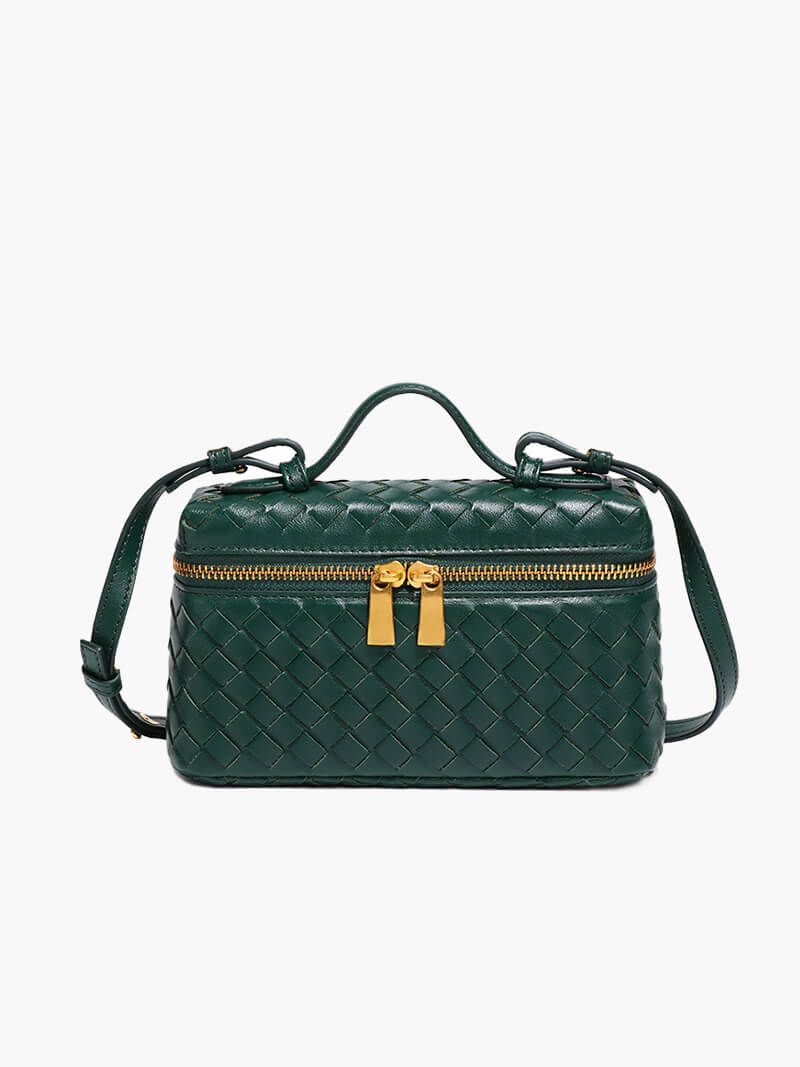 Woven Vegan Leather Mini Bag – Tara Top Handle — Dark Green, front view | BTendance
