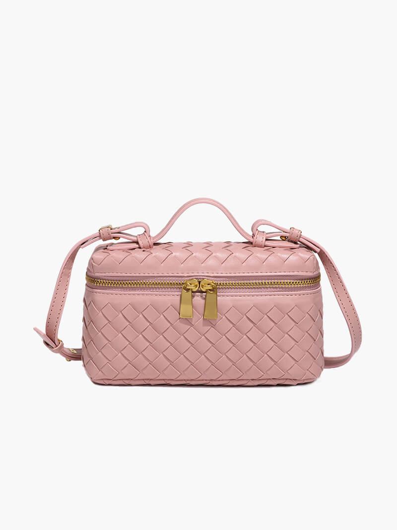 Woven Vegan Leather Mini Bag – Tara Top Handle — Pink, front view | BTendance