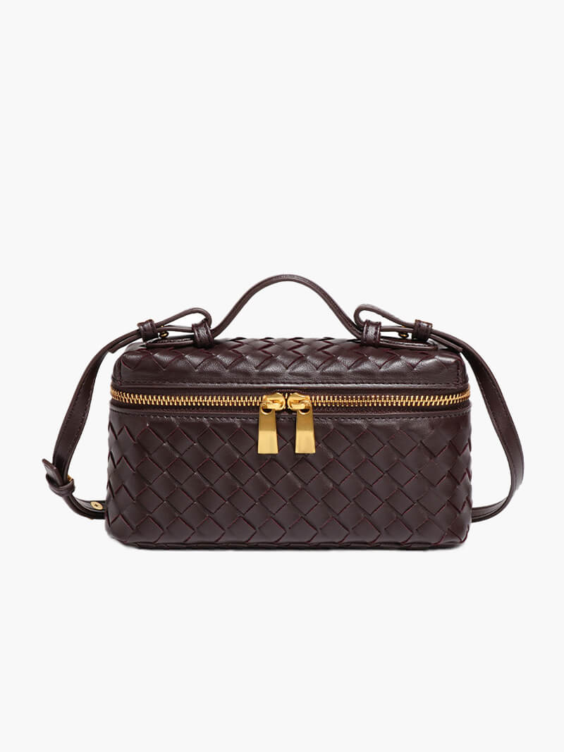 Woven Vegan Leather Mini Bag – Tara Top Handle — Coffee, front view | BTendance