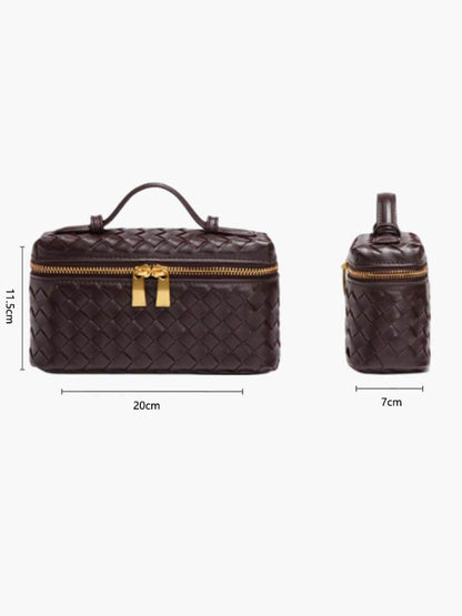 Woven Vegan Leather Mini Bag – Tara Top Handle — Black, front and side measurements | BTendance