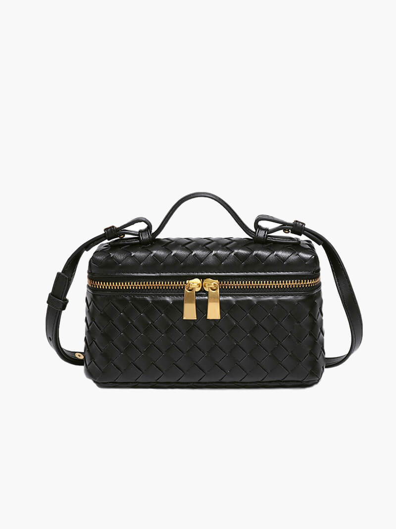Woven Vegan Leather Mini Bag – Tara Top Handle — Black, front view | BTendance