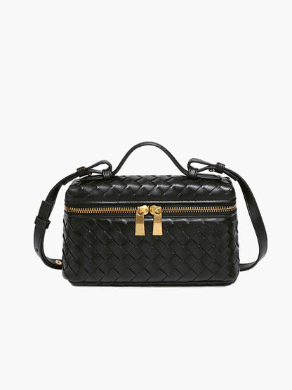 Woven Vegan Leather Mini Bag – Tara Top Handle — Black, front view | BTendance