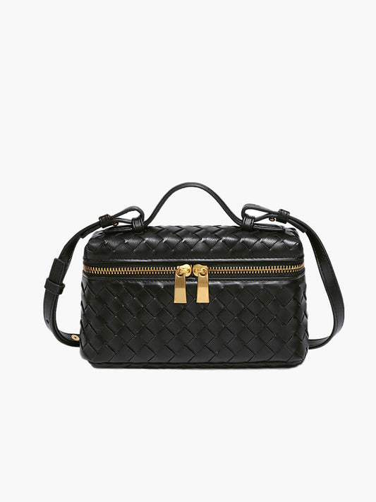 Woven Vegan Leather Mini Bag – Tara Top Handle — Black, front view | BTendance