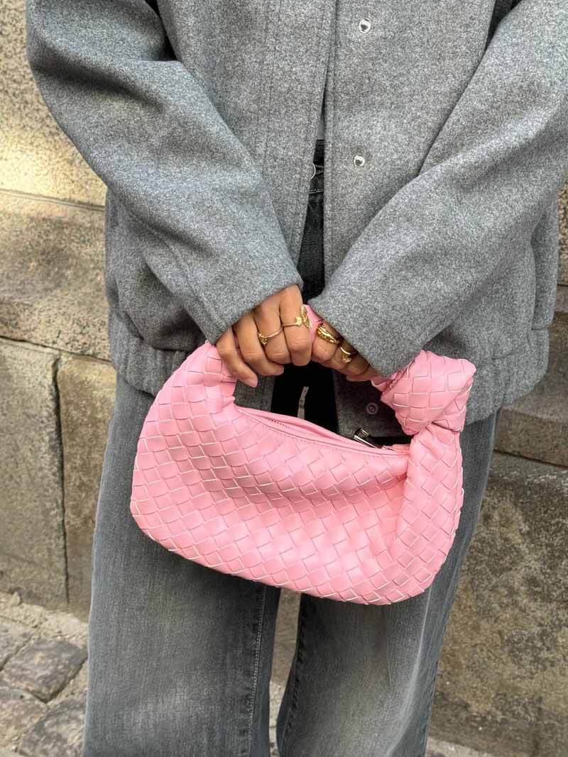 Woven Vegan Leather Mini Handbag – Knotted Handle — Blush, hand carrying | BTendance