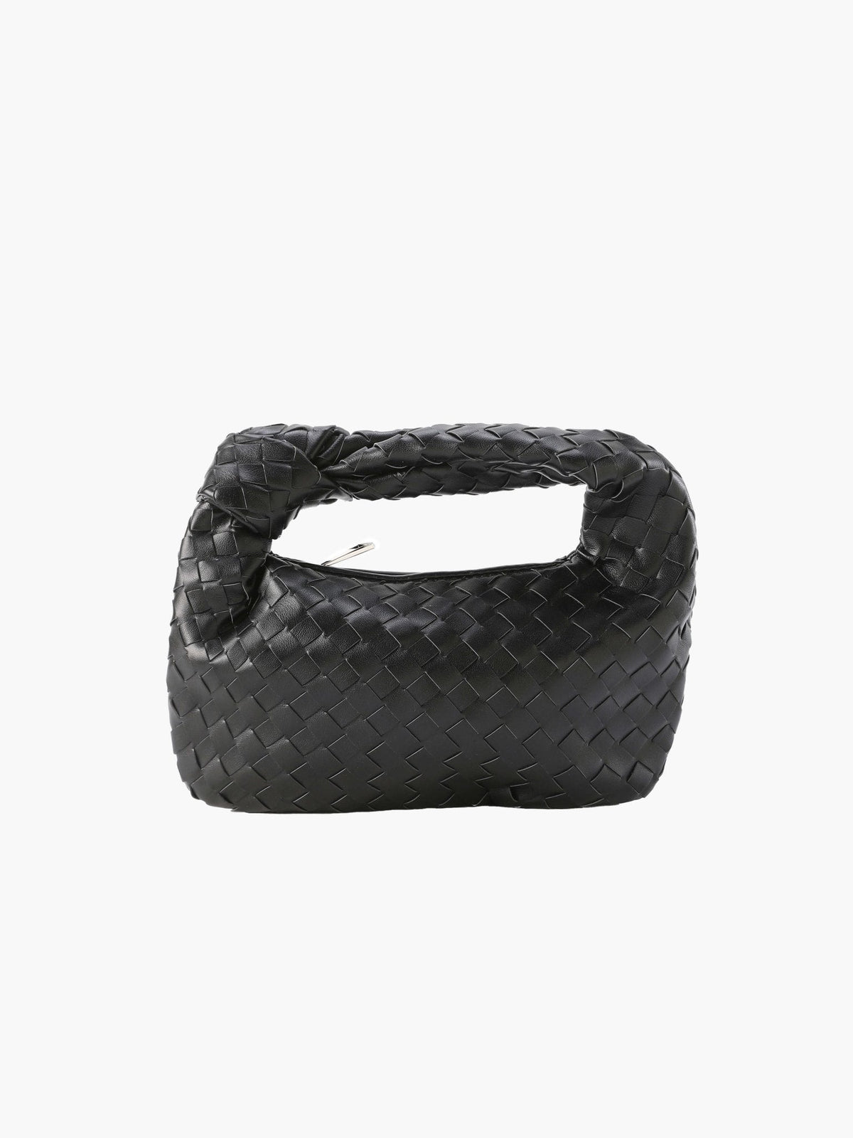 Woven Vegan Leather Mini Handbag – Knotted Handle — Black, front view on light background | BTendance