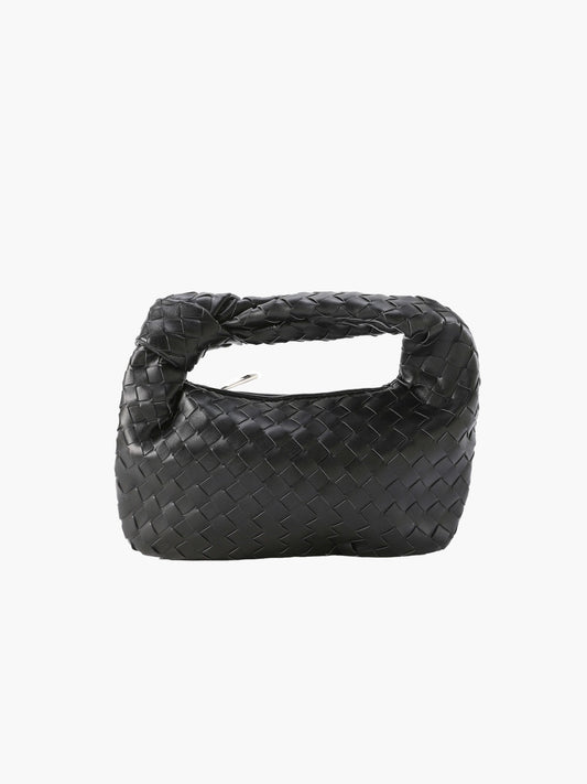 Woven Vegan Leather Mini Handbag – Knotted Handle — Black, front view on light background | BTendance