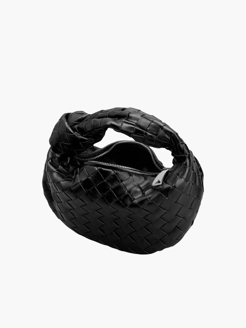 Woven Vegan Leather Mini Handbag – Knotted Handle — Black, angled view | BTendance