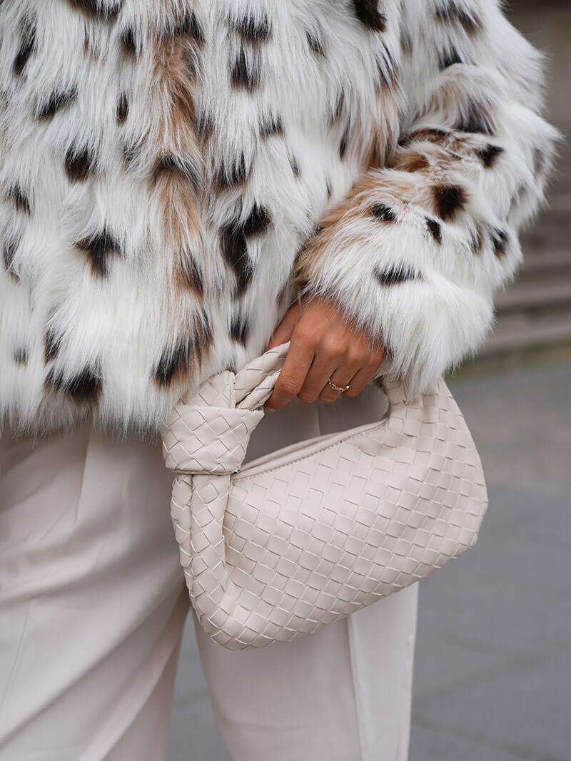 Woven Vegan Leather Mini Handbag – Knotted Handle — White, hand carrying | BTendance