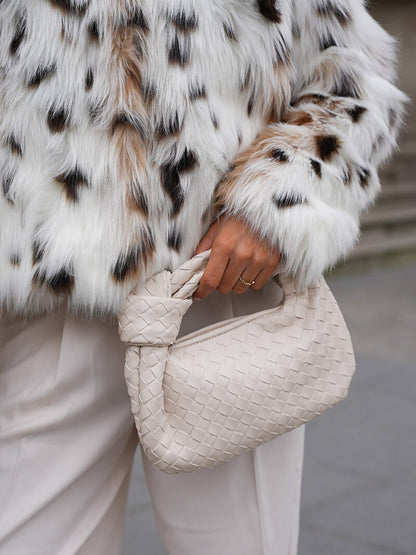 Woven Vegan Leather Mini Handbag – Knotted Handle — White, hand carrying | BTendance
