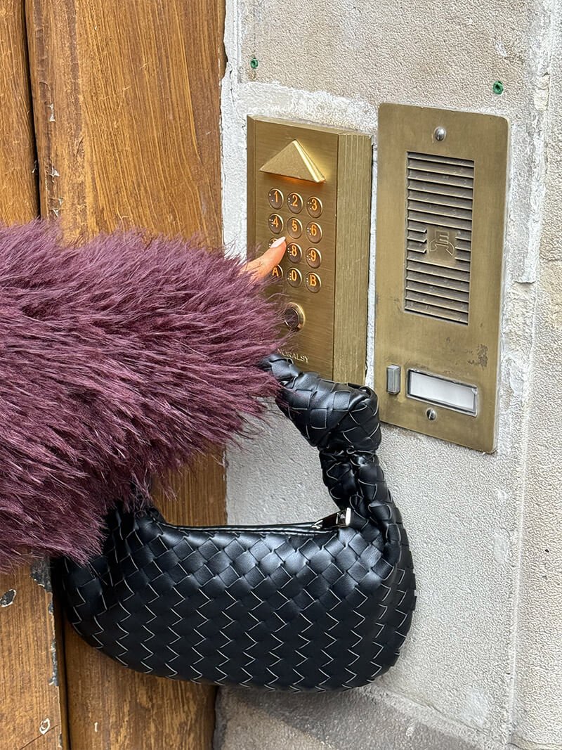 Woven Vegan Leather Mini Handbag – Knotted Handle — Black, handle close-up | BTendance