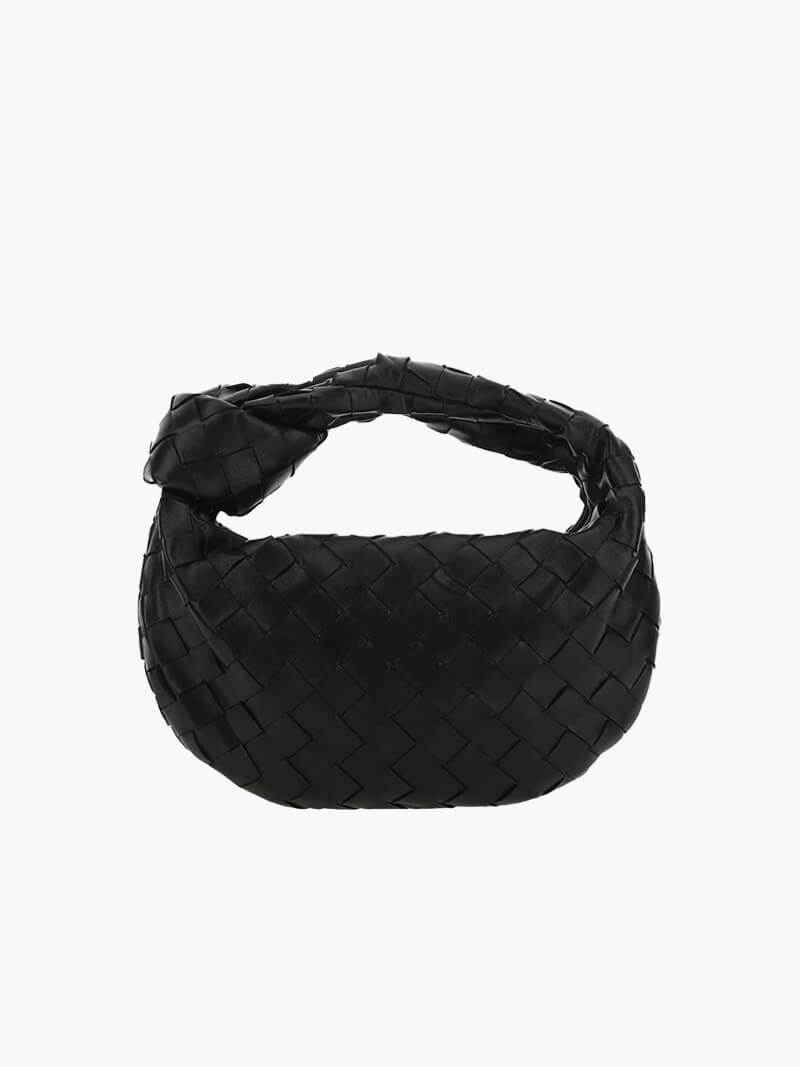 Woven Vegan Leather Mini Handbag – Knotted Handle — Black, front view | BTendance
