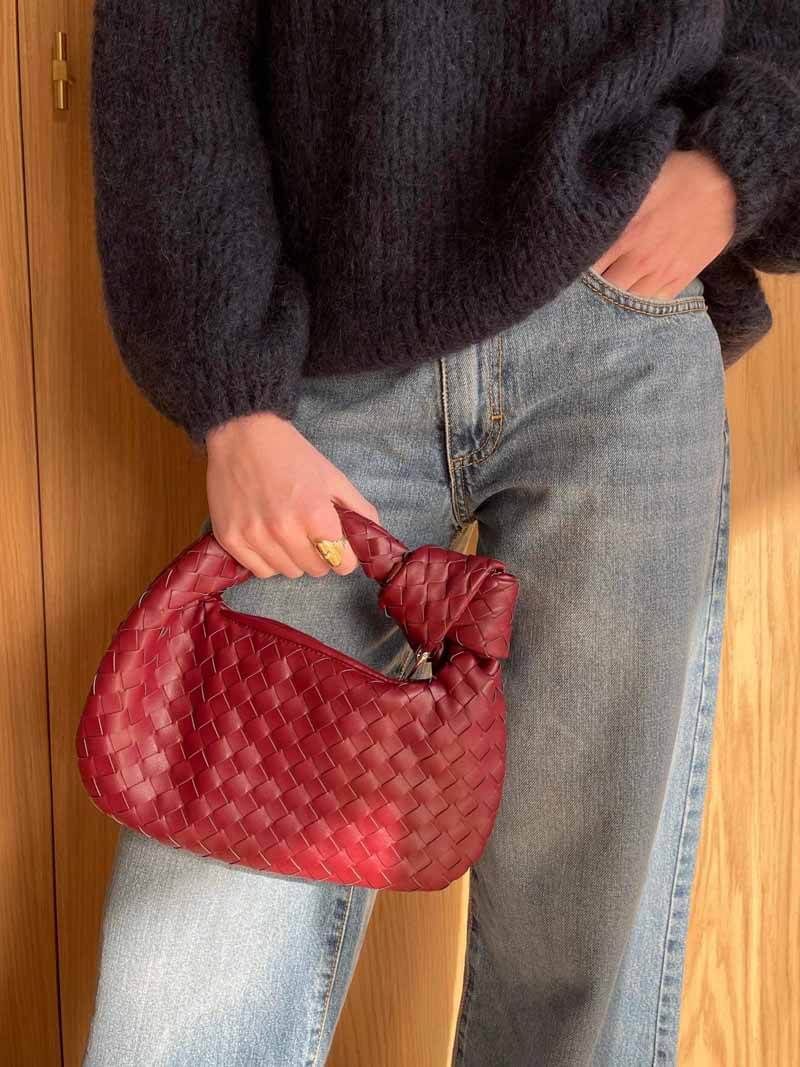 Woven Vegan Leather Mini Handbag – Knotted Handle — Red, hand carrying | BTendance