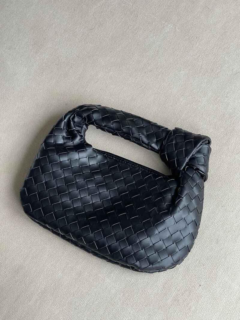 Woven Vegan Leather Mini Handbag – Knotted Handle — Black, overhead view | BTendance