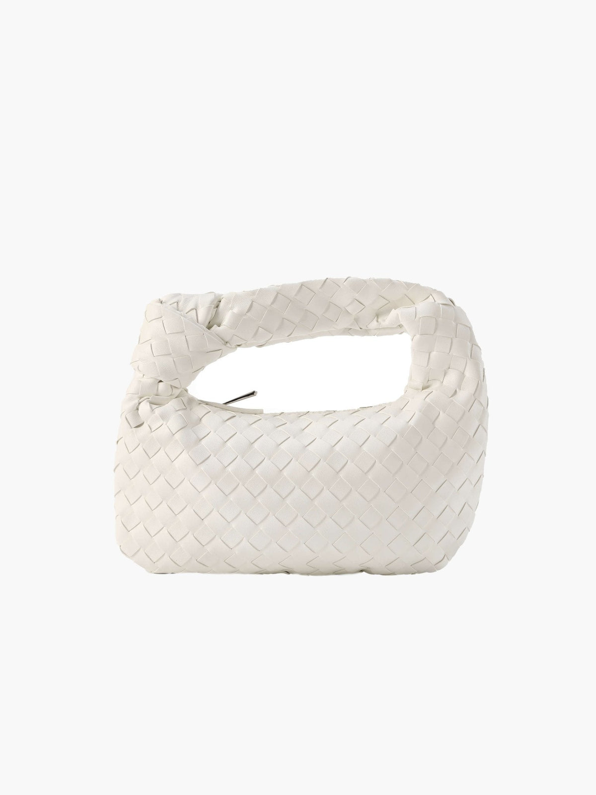 Woven Vegan Leather Mini Handbag – Knotted Handle — White, front view | BTendance
