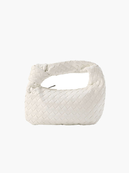 Woven Vegan Leather Mini Handbag – Knotted Handle — White, front view | BTendance