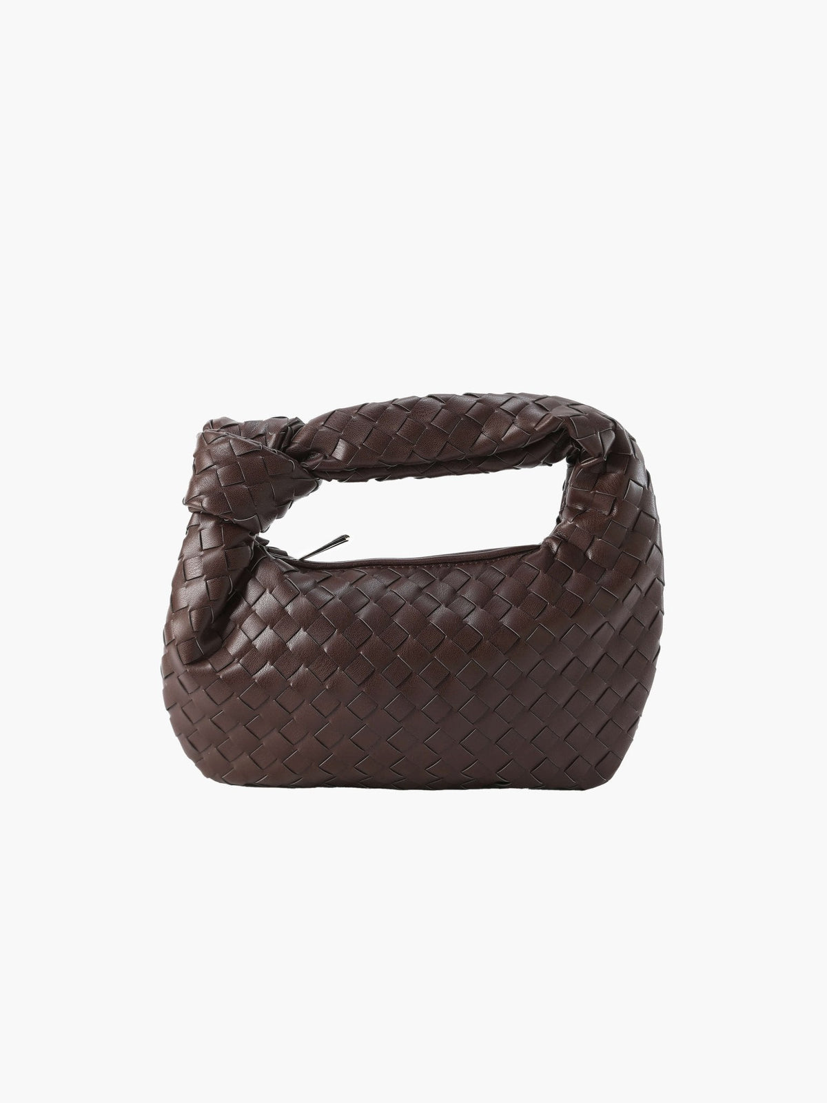 Woven Vegan Leather Mini Handbag – Knotted Handle — Coffee, front view | BTendance