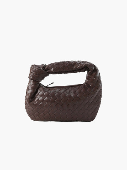 Woven Vegan Leather Mini Handbag – Knotted Handle — Coffee, front view | BTendance