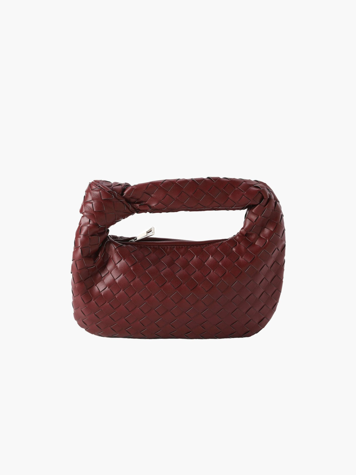 Woven Vegan Leather Mini Handbag – Knotted Handle — Burgundy, front view | BTendance