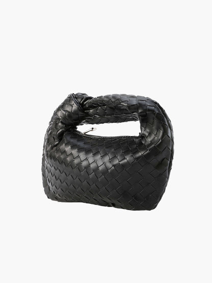 Woven Vegan Leather Mini Handbag – Knotted Handle — Black, angled close-up of weave | BTendance