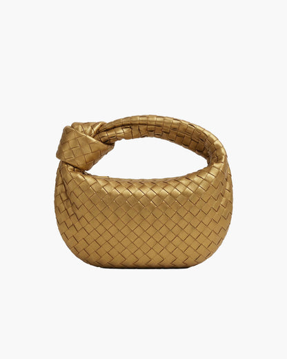 Woven Vegan Leather Mini Handbag – Knotted Handle — Gold, front view | BTendance