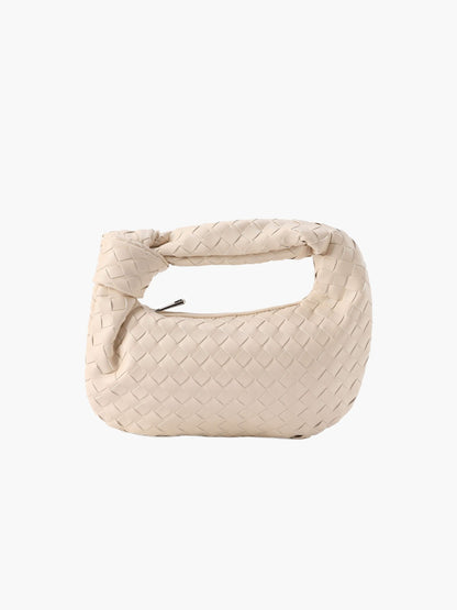 Woven Vegan Leather Mini Handbag – Knotted Handle — Creme, front view | BTendance