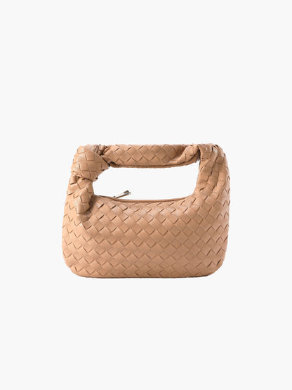 Woven Vegan Leather Mini Handbag – Knotted Handle — Beige, front view | BTendance