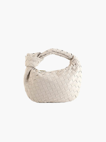 Woven Faux Suede Mini Handbag – Knotted Handle — Creme, front view | BTendance
