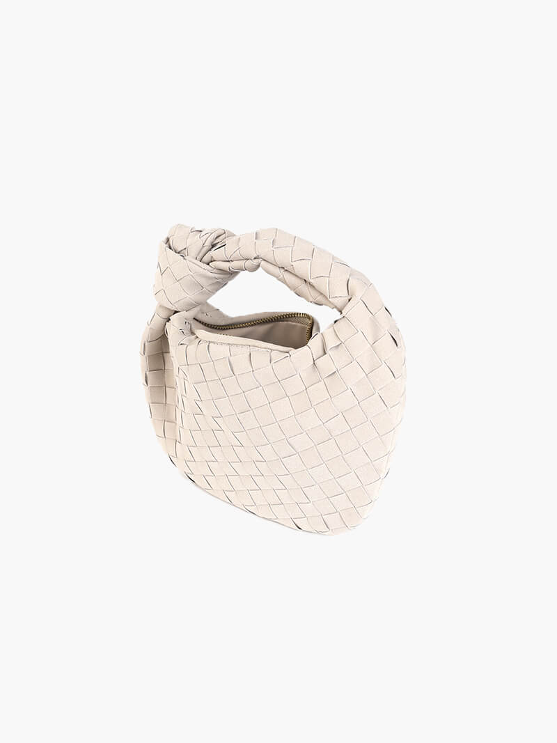 Woven Faux Suede Mini Handbag – Knotted Handle — Creme, angled top view | BTendance
