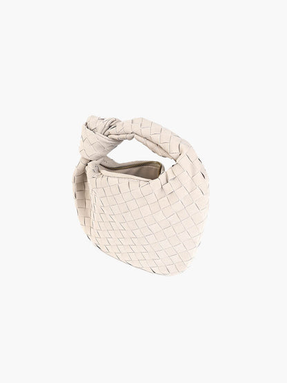 Woven Faux Suede Mini Handbag – Knotted Handle — Creme, angled top view | BTendance